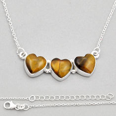 14.84cts 3 stone natural brown tiger's eye heart shape silver necklace y20102