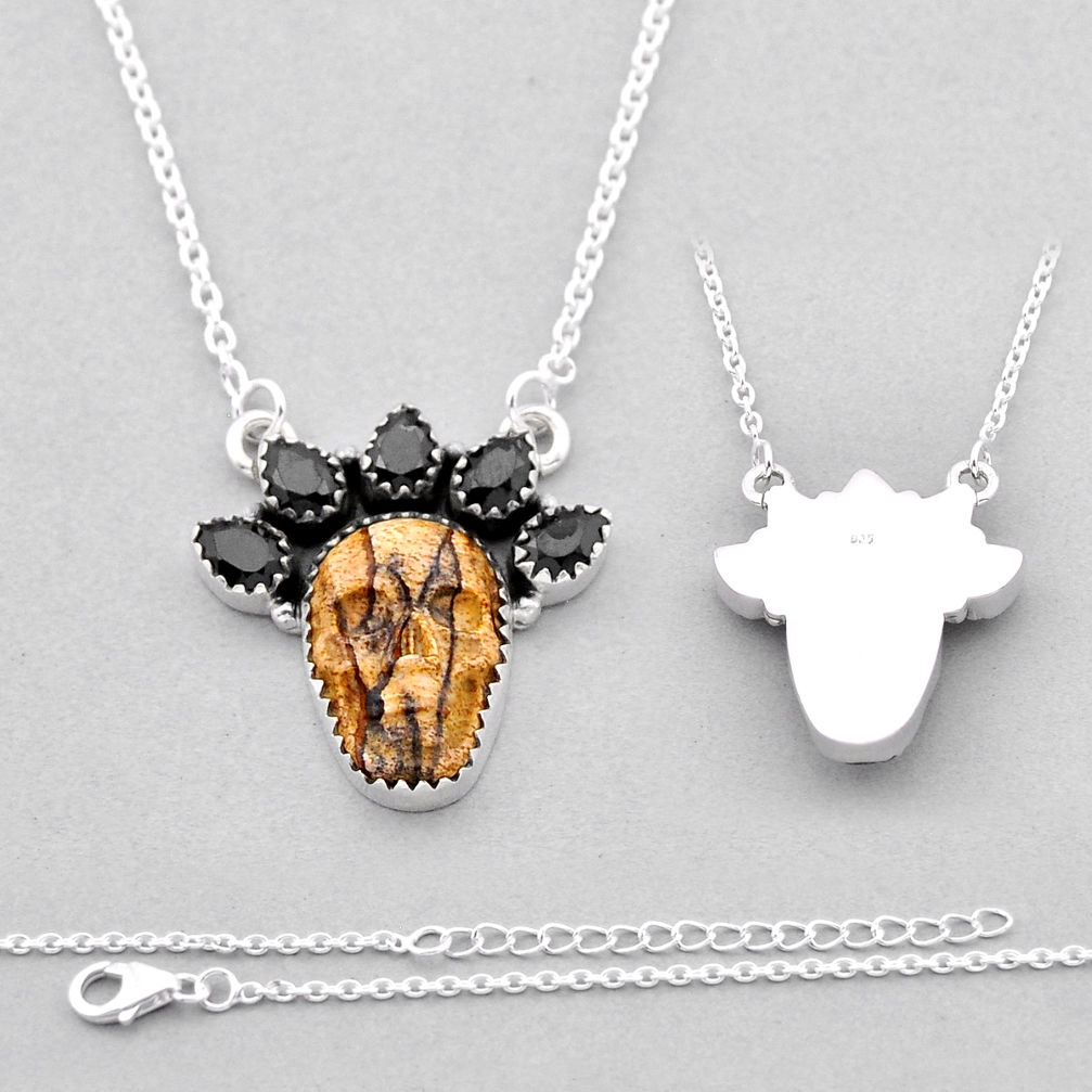 925 silver 15.33cts back closed brown picture jasper onyx skull necklace n53296