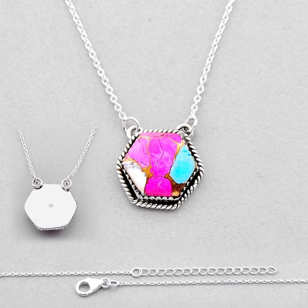 925 silver 9.14cts back closed cotton candy turquoise hexagon necklace n53060