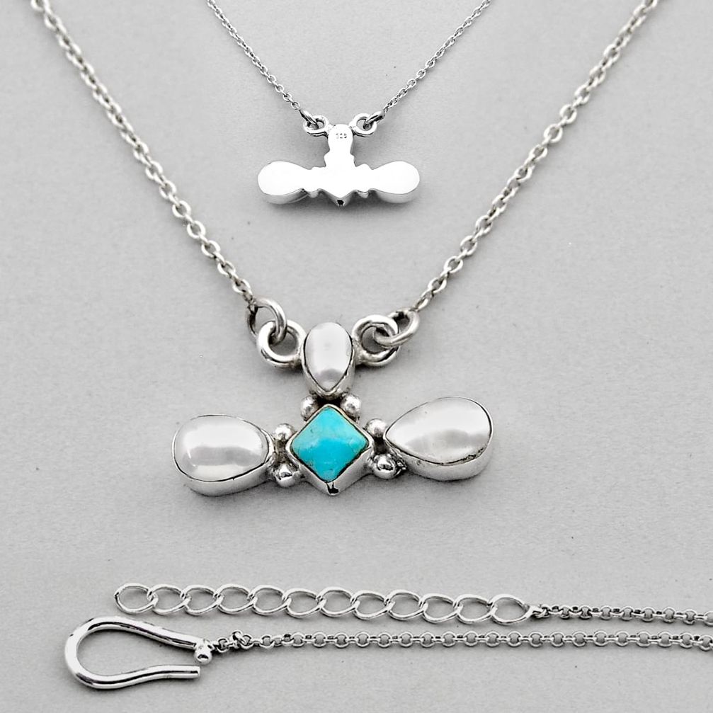 925 silver 6.10cts back closed natural kingman turquoise pearl necklace c33596