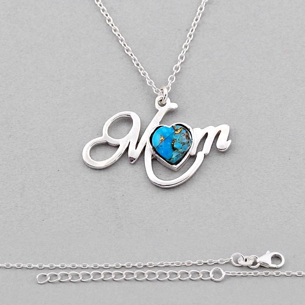 925 silver 2.46cts blue copper turquoise heart mom charm necklace jewelry n34517