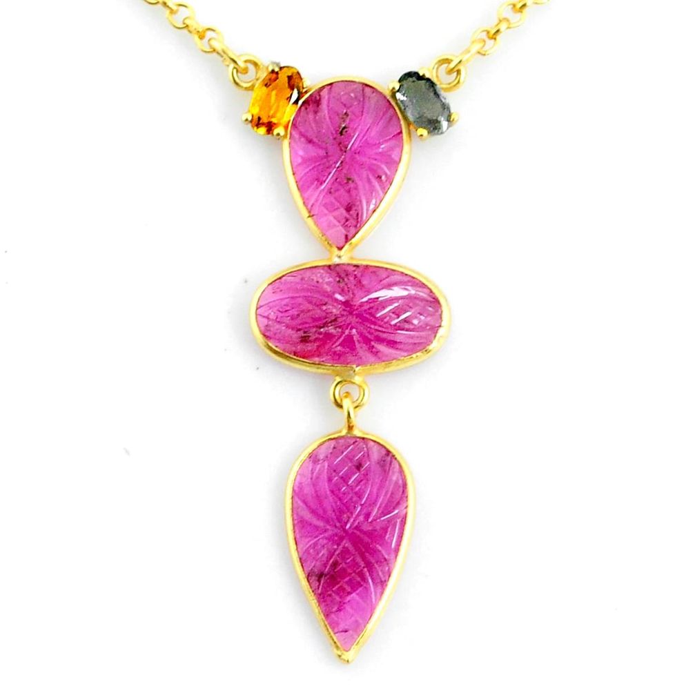 12.07cts carving natural watermelon tourmaline 14k gold collector necklace r71485