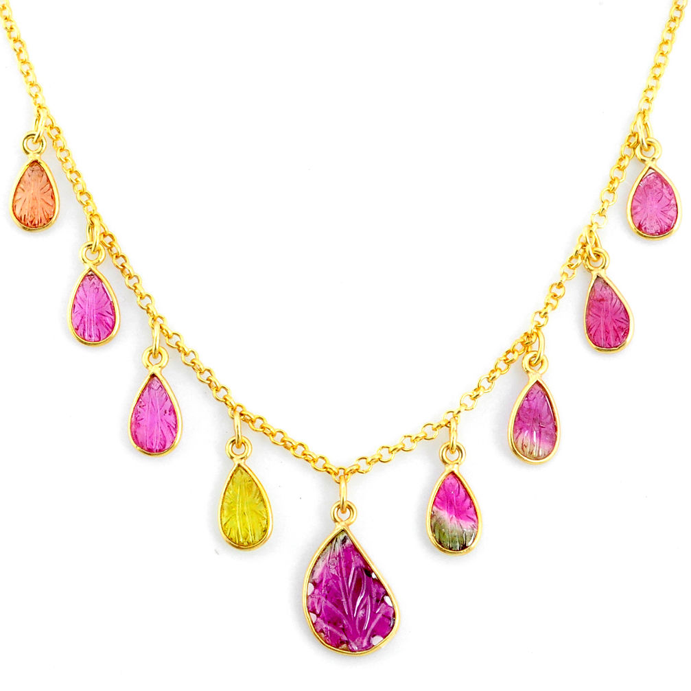 14.40cts carving natural watermelon tourmaline 14k gold collector necklace r71491