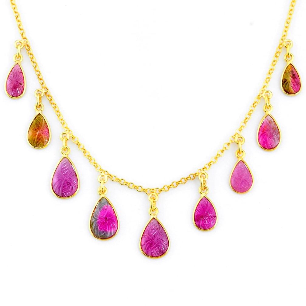 17.69cts carving natural watermelon tourmaline 14k gold collector necklace r71515