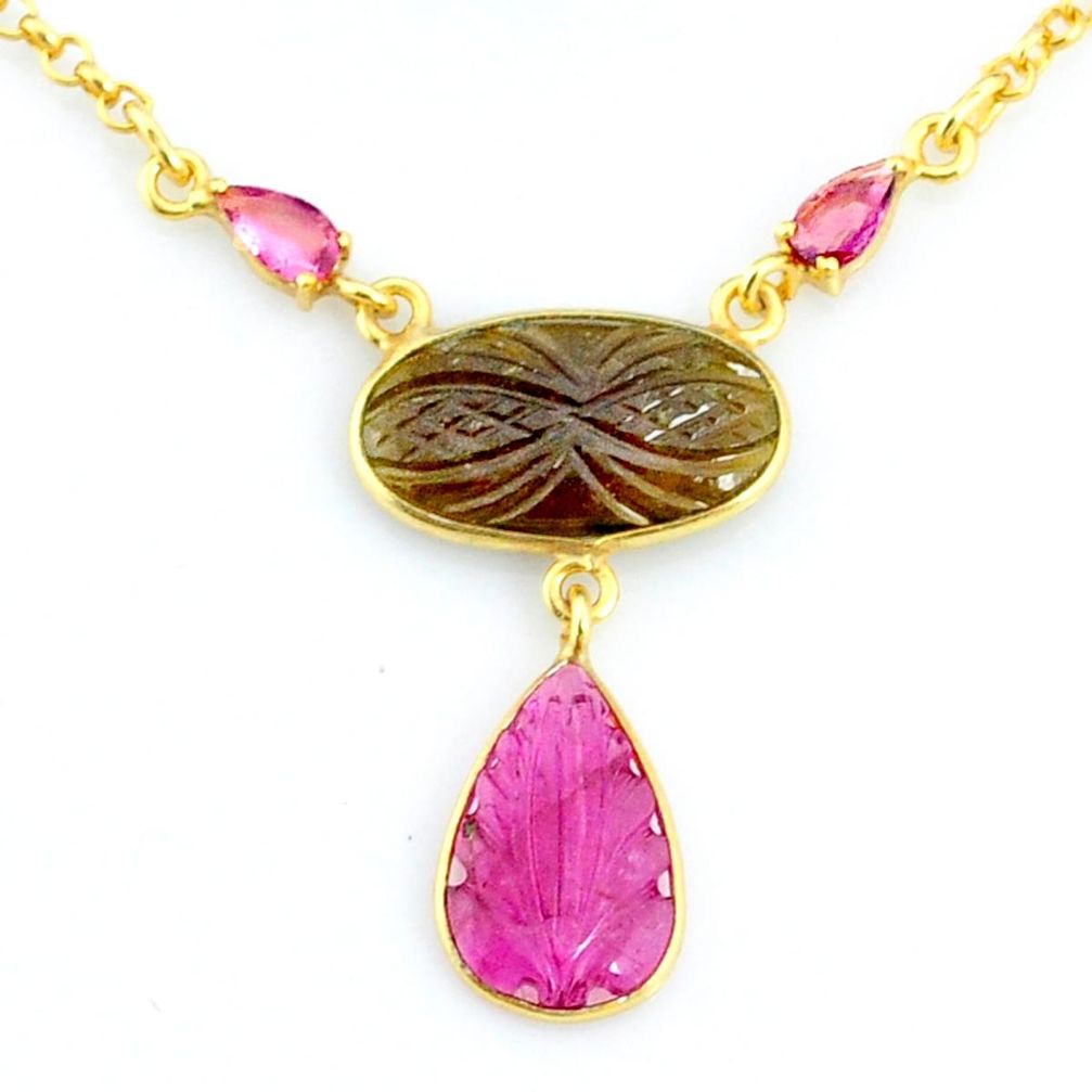 11.04cts carving natural watermelon tourmaline 14k gold collector necklace r71518