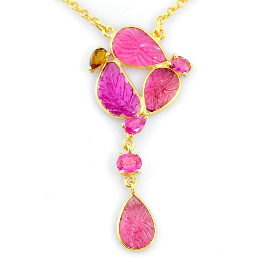 14.45cts carving natural watermelon tourmaline 14k gold collector necklace r71531