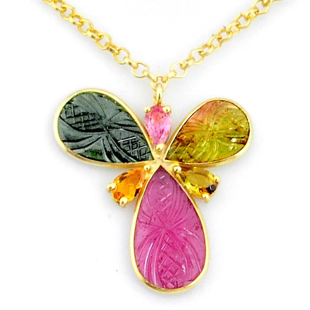 13.15cts carving natural watermelon tourmaline 14k gold collector necklace r71536