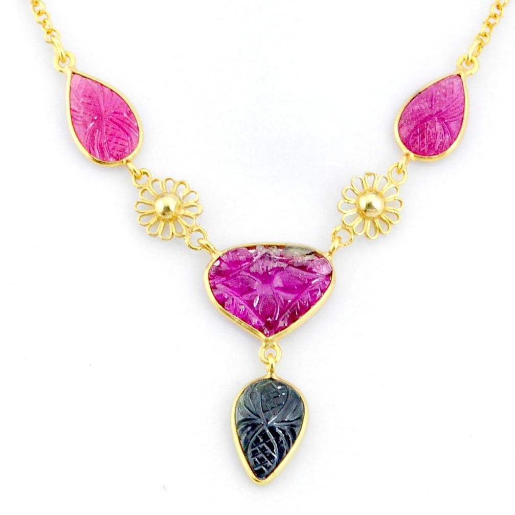 14.40cts carving natural watermelon tourmaline 14k gold collector necklace r71552