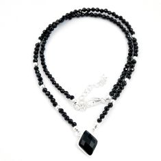 925 silver 26.16cts black onyx spinel beads necklace u30143