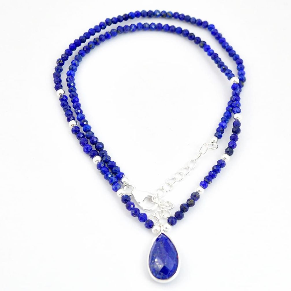 925 silver 24.85cts checker cut blue lapis lazuli quartz beads necklace u30142