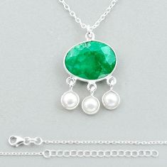 925 silver 9.56cts checker cut natural green emerald pearl necklace u19086