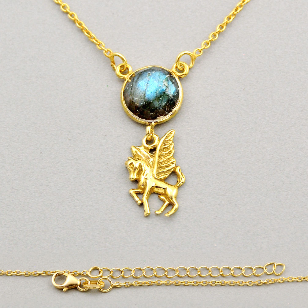 925 silver 5.52cts checker cut natural labradorite gold unicorn necklace y93012