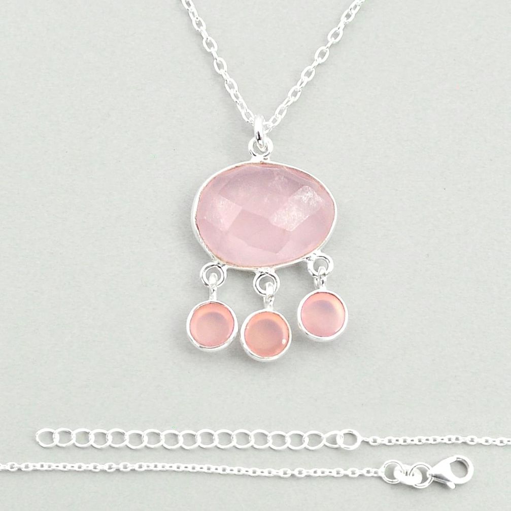 925 silver 13.97cts checker cut natural pink rose quartz oval necklace u25086
