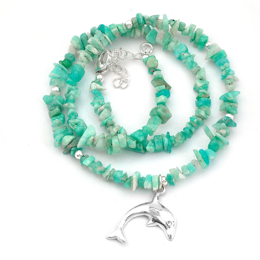 925 silver 43.30cts dolphin natural blue amazonite rough beads necklace u65113