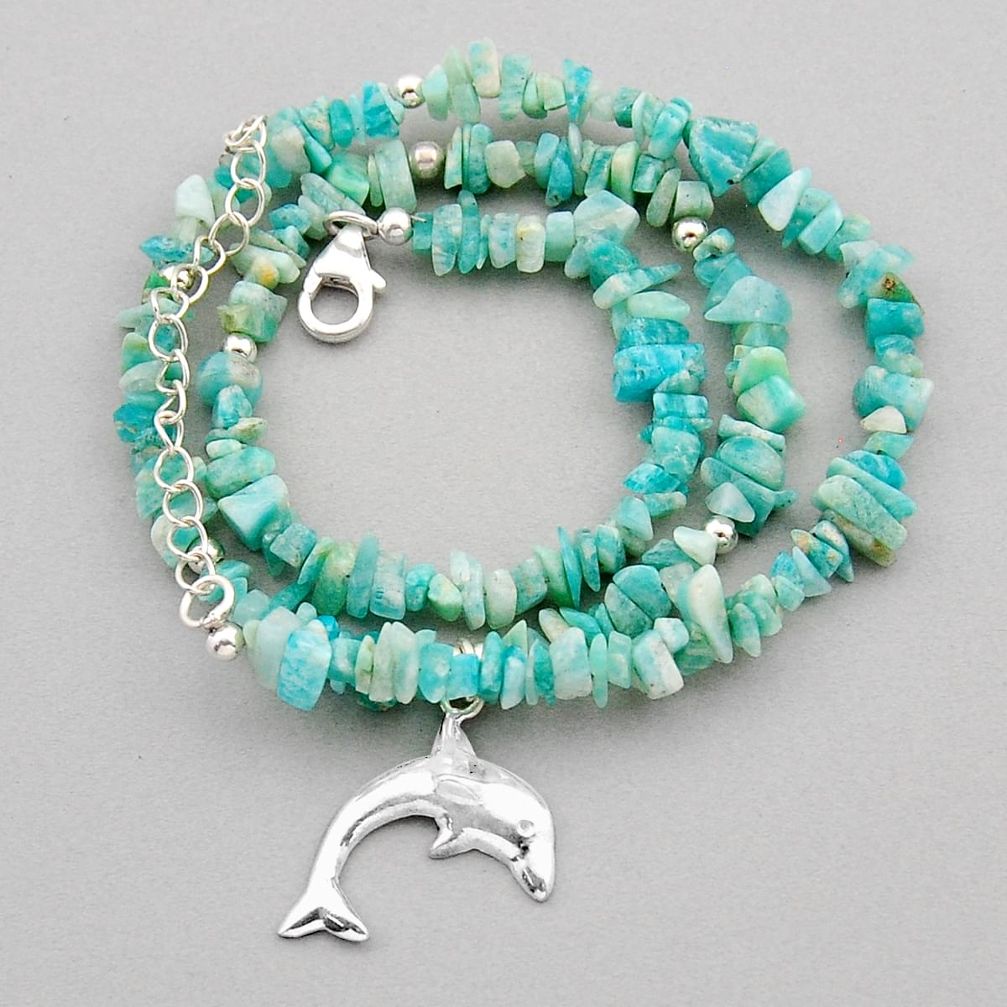 925 silver 43.58cts dolphin natural green amazonite beads shape necklace y92230