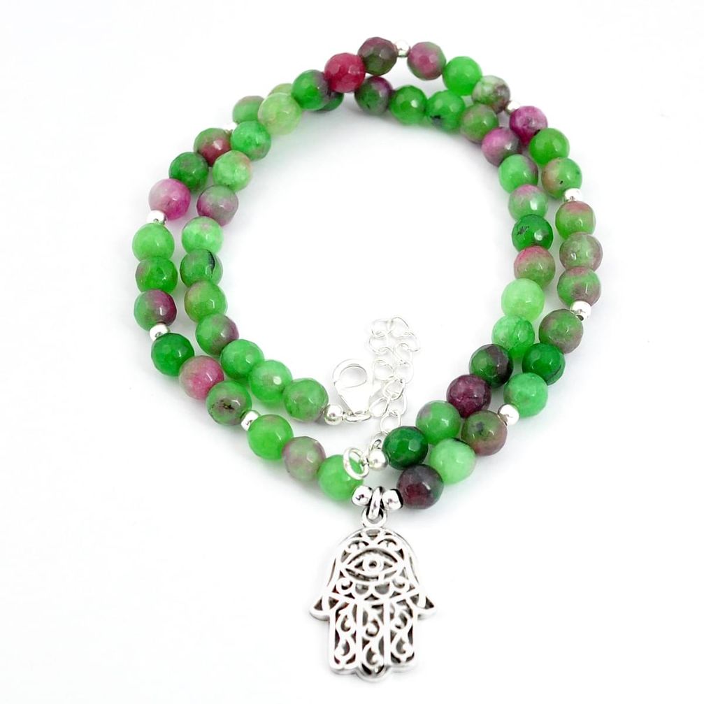 925 silver 99.59cts hand of god hamsa ruby zoisite quartz beads necklace u30058