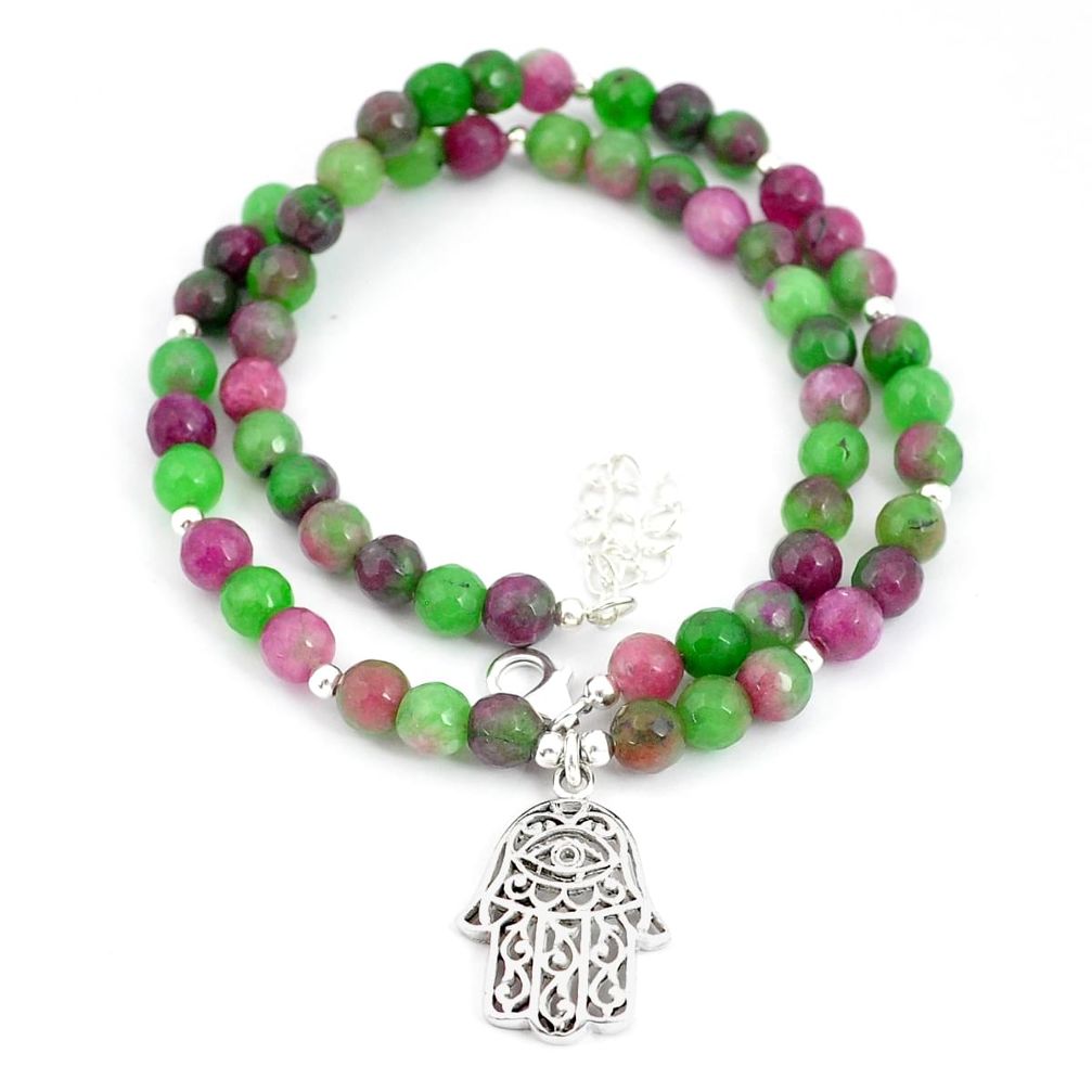 925 silver 99.59cts hand of god hamsa ruby zoisite quartz beads necklace u30060