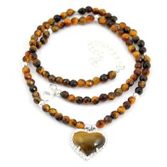 925 silver 36.75cts heart brown tiger's eye quartz beads necklace jewelry u30003
