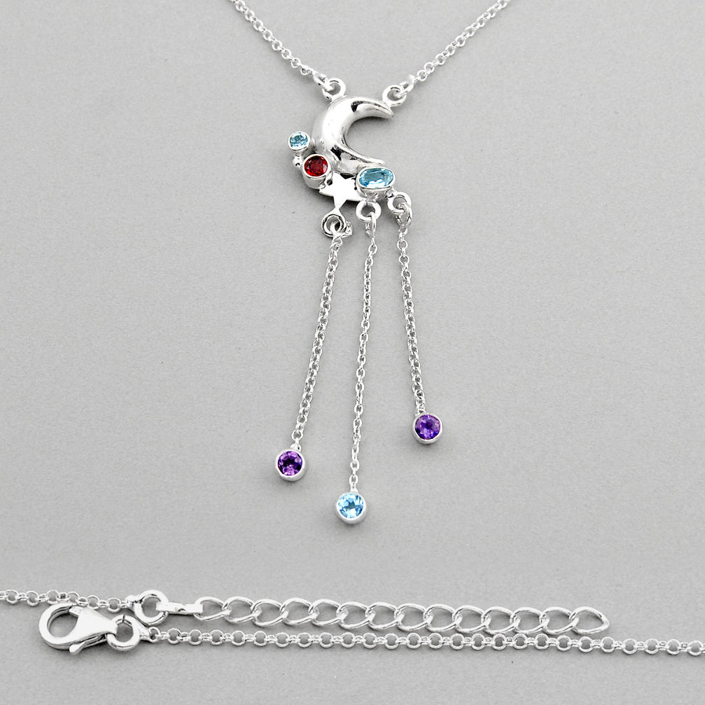 925 silver 4.17cts moon natural blue topaz red garnet amehtyst necklace y94054