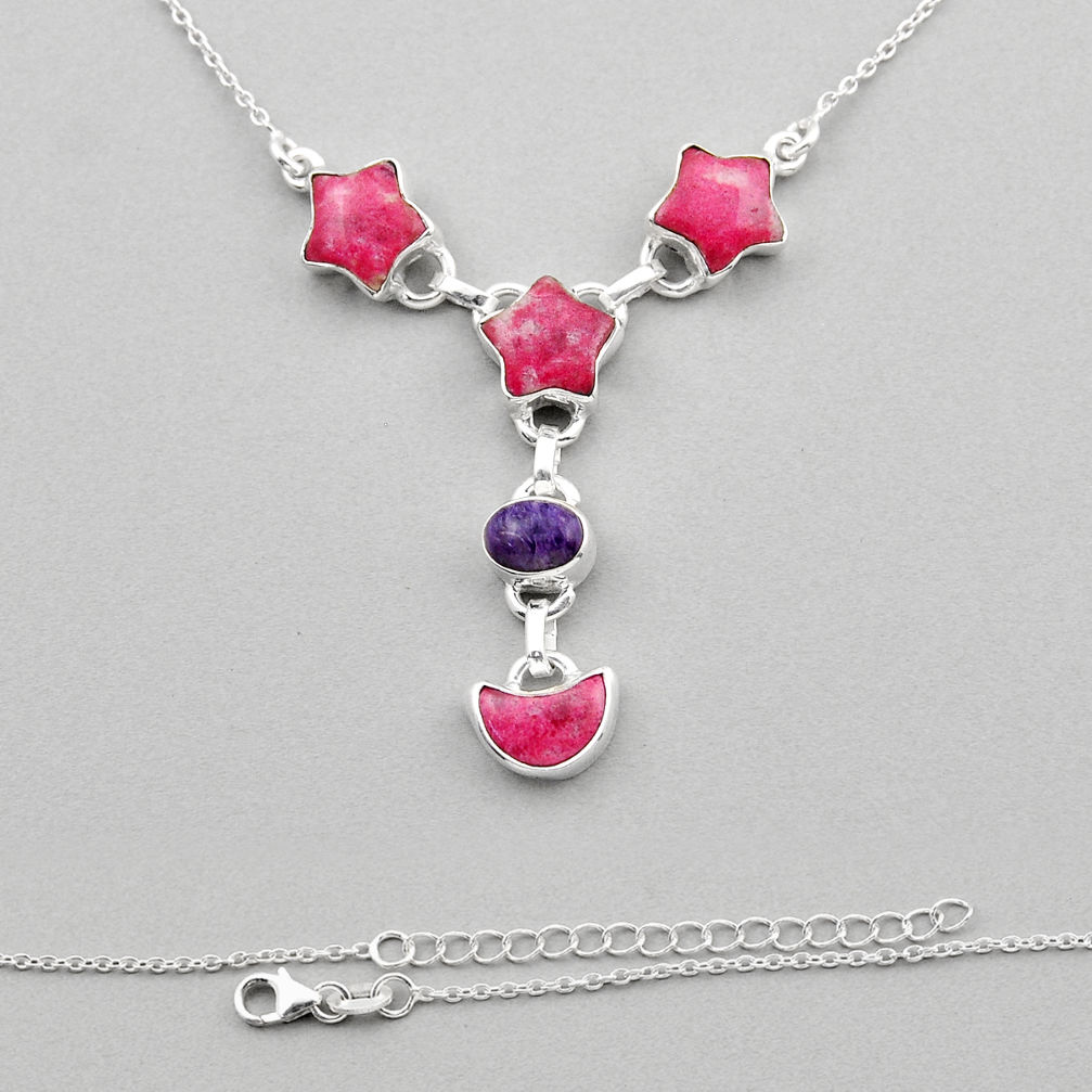 925 silver 15.98cts moon with star natural pink thulite charoite necklace y91363