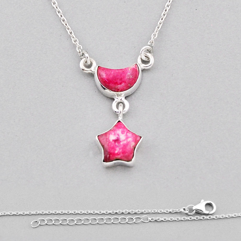 925 silver 9.76cts moon with star natural pink thulite necklace jewelry n37740