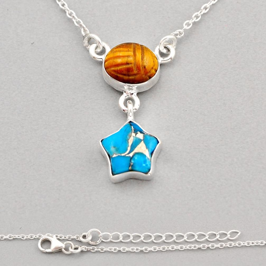 925 silver 9.99cts moon with star tiger's eye copper turquoise necklace y92956