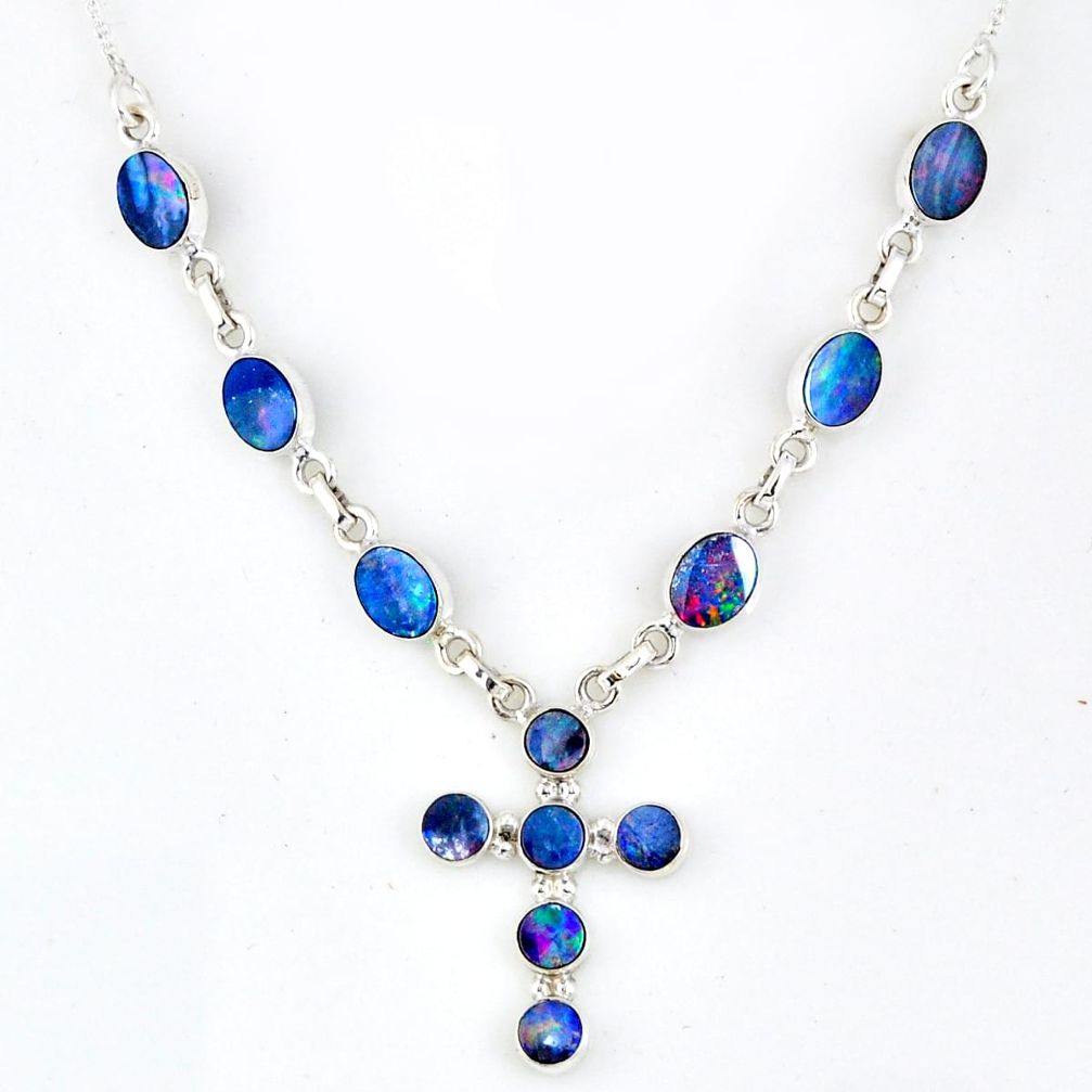 925 silver 12.56cts natural blue doublet opal australian cross necklace r56159