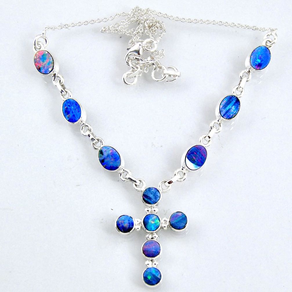 925 silver 11.58cts natural blue doublet opal australian cross necklace r56240