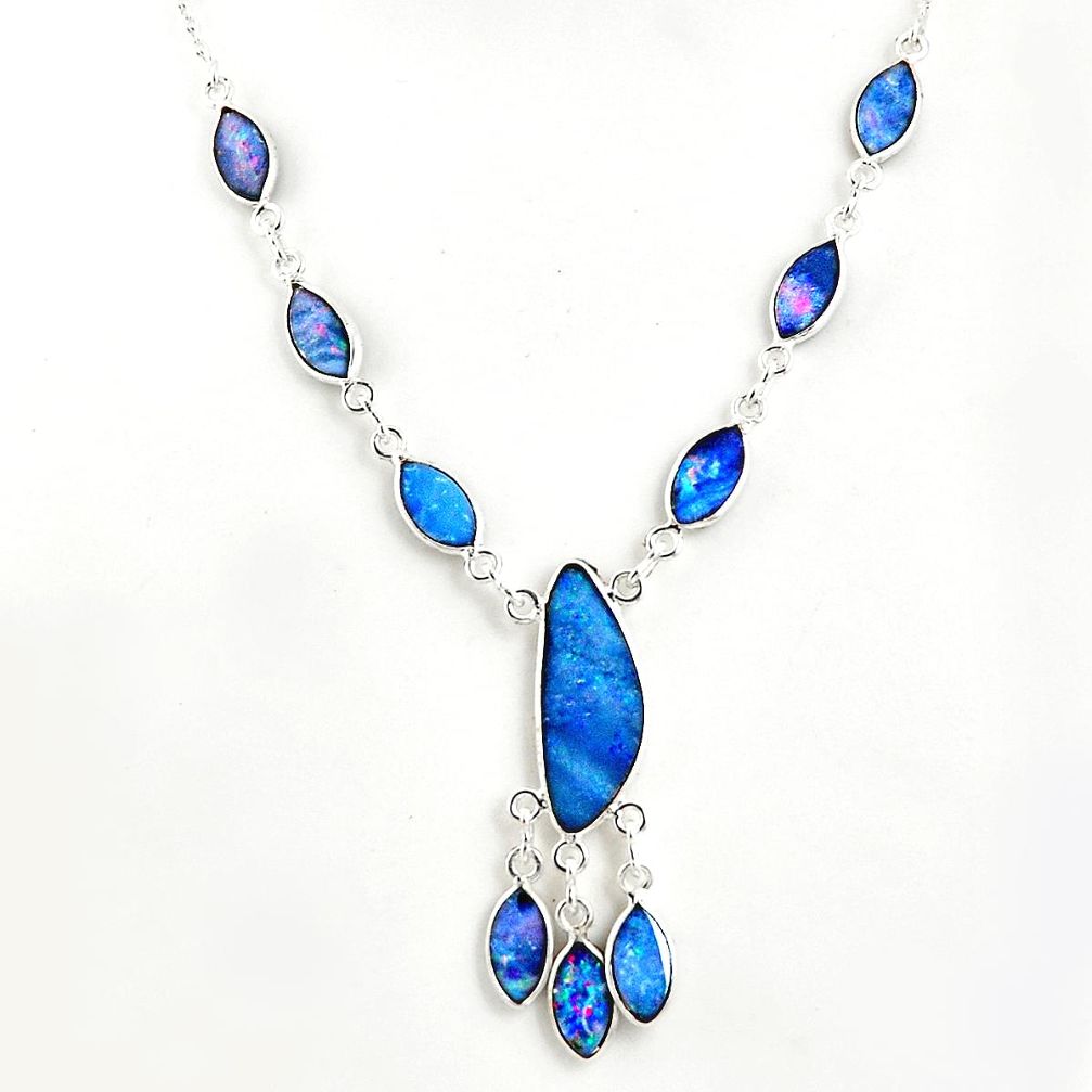 925 silver 19.87cts natural blue doublet opal australian fancy necklace r49402