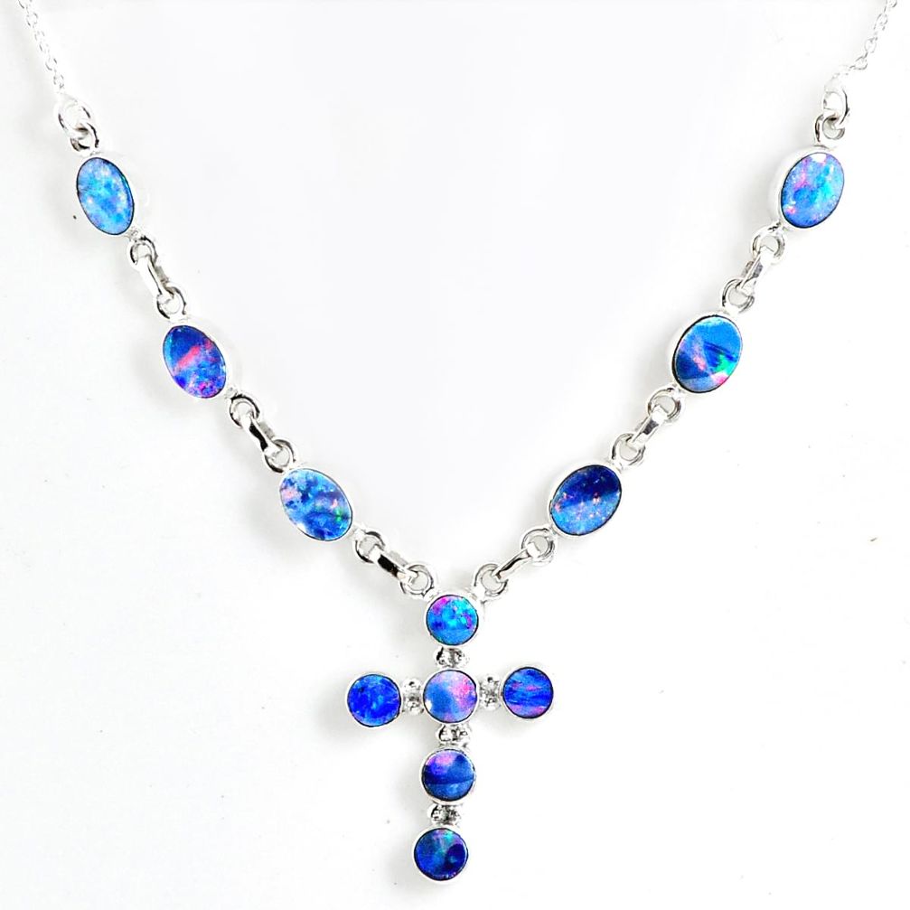925 silver 12.39cts natural blue doublet opal australian necklace jewelry r56135
