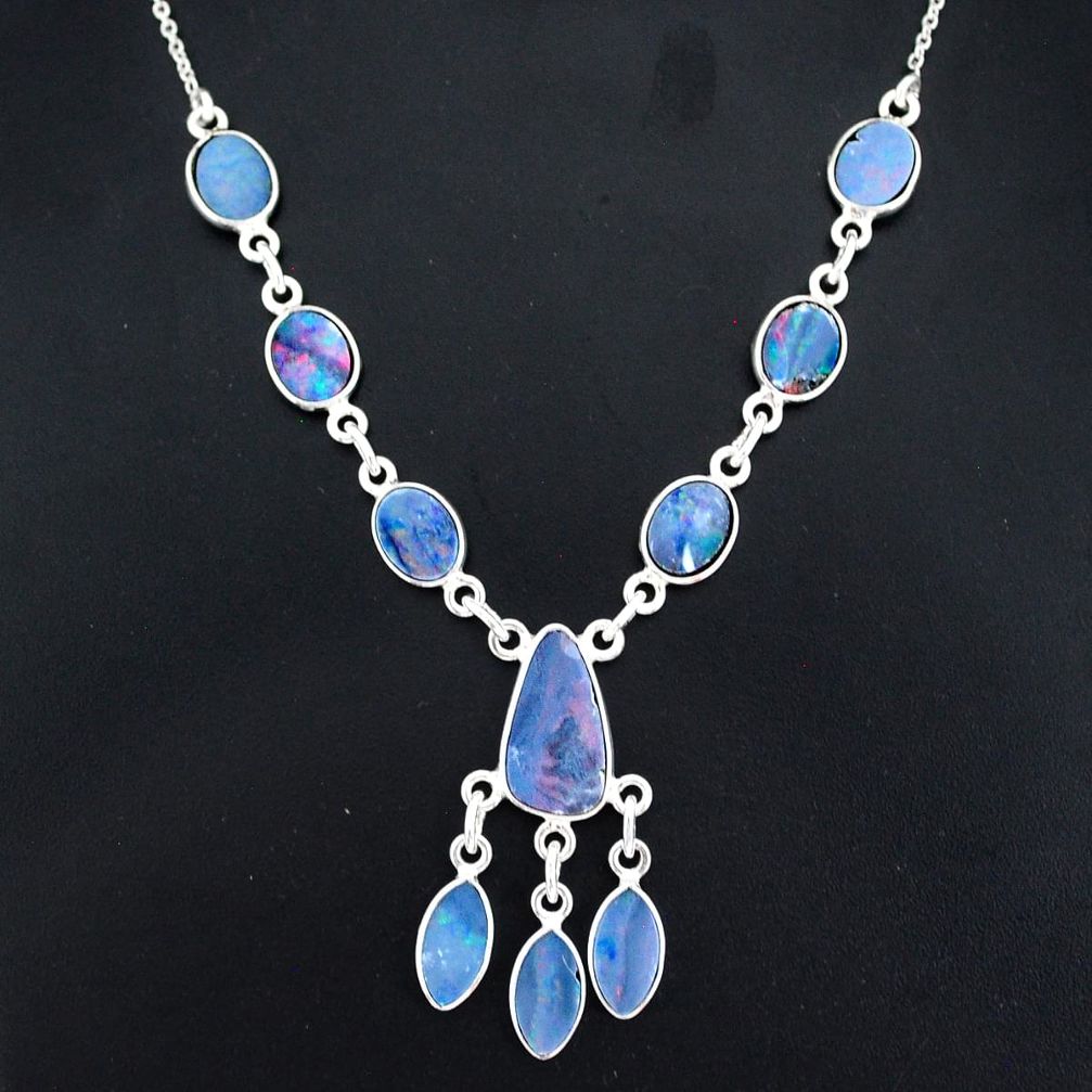 925 silver 17.64cts natural blue doublet opal australian necklace r94050