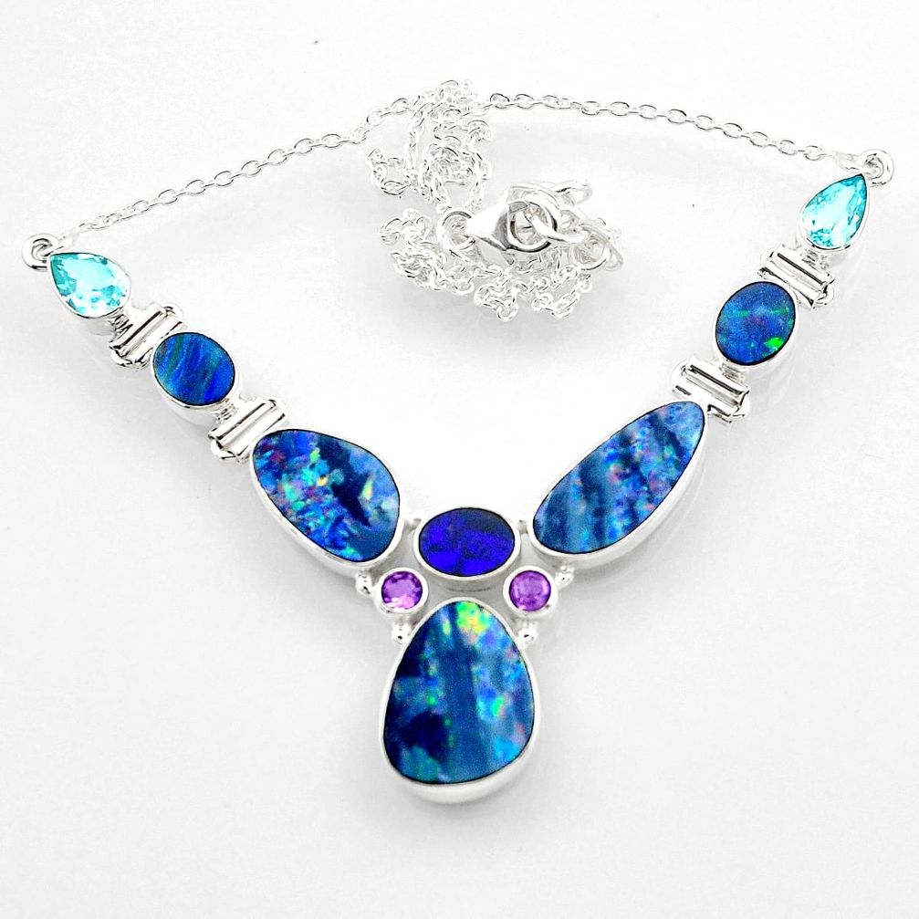 925 silver 30.41cts natural blue doublet opal australian topaz necklace r52287