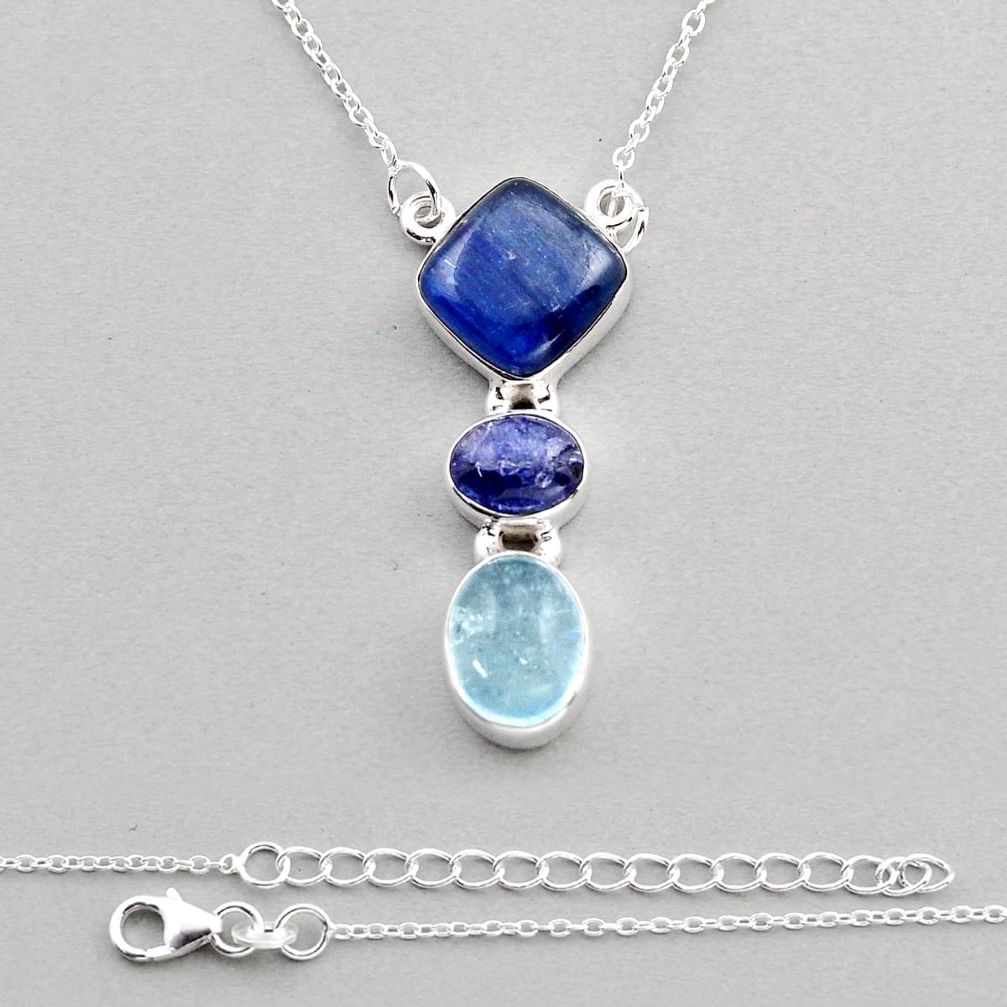 925 silver 11.06cts natural blue kyanite aquamarine tanzanite necklace y84931