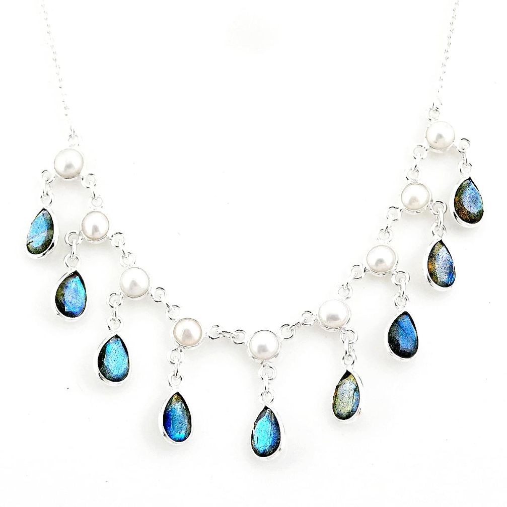 925 silver 22.54cts natural blue labradorite pear white pearl necklace r77394