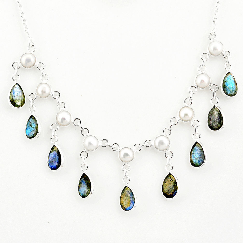 925 silver 22.15cts natural blue labradorite pear white pearl necklace r77396