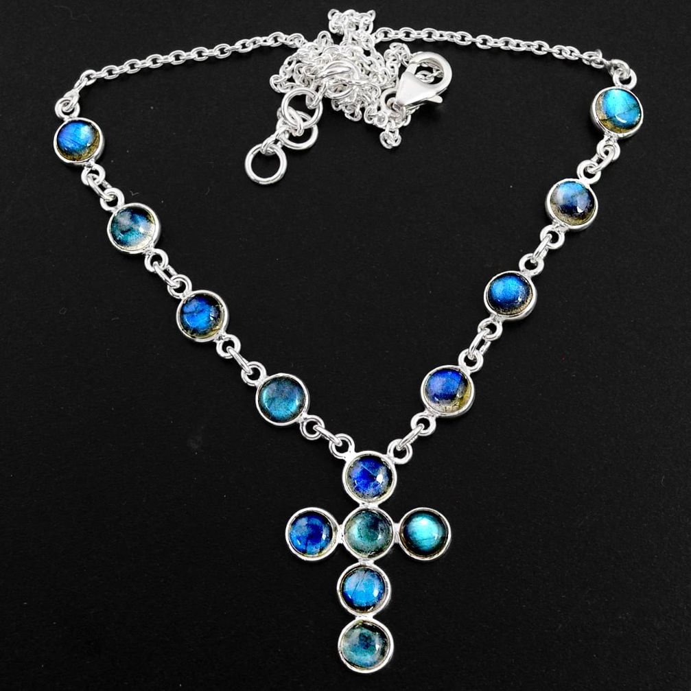 925 silver 18.01cts natural blue labradorite round cross necklace jewelry r63592