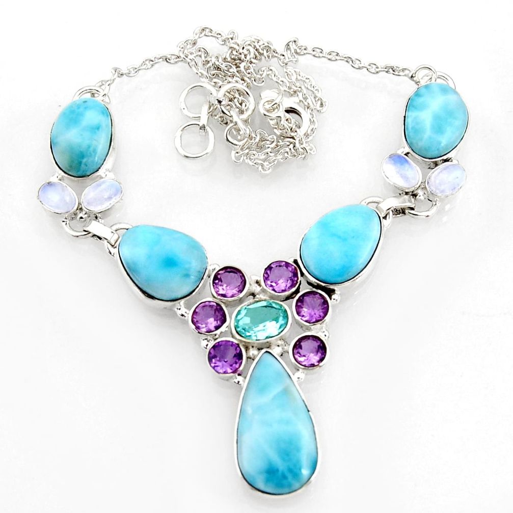 925 silver 53.50cts natural blue larimar moonstone amethyst necklace d44537