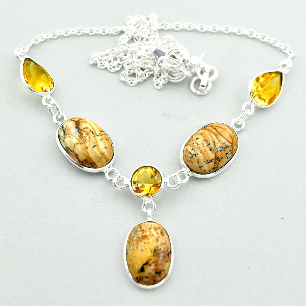 925 silver 23.23cts natural brown picture jasper yellow citrine necklace t54916