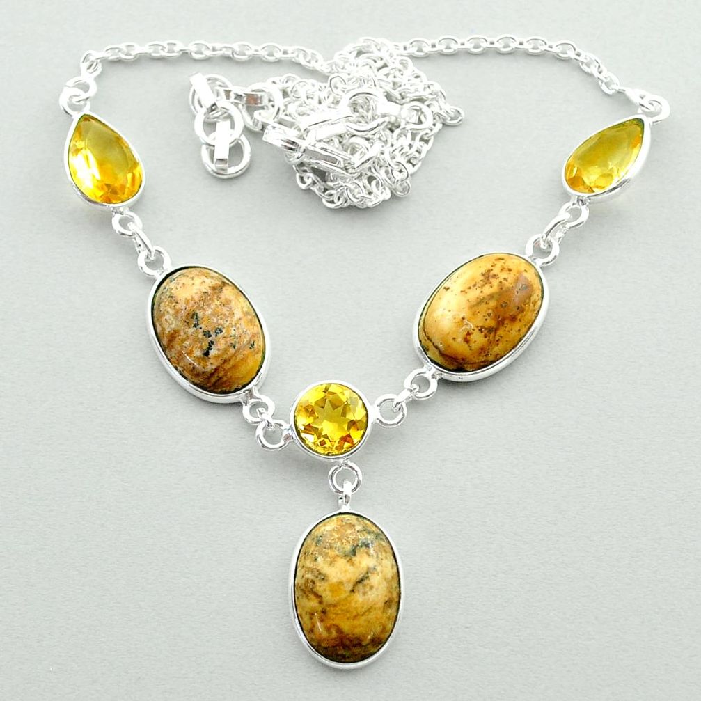 925 silver 22.26cts natural brown picture jasper yellow citrine necklace t55640