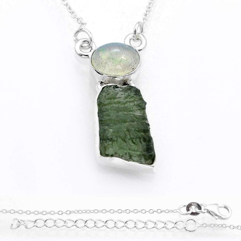 925 silver 10.39cts natural green moldavite ethiopian opal necklace u78273