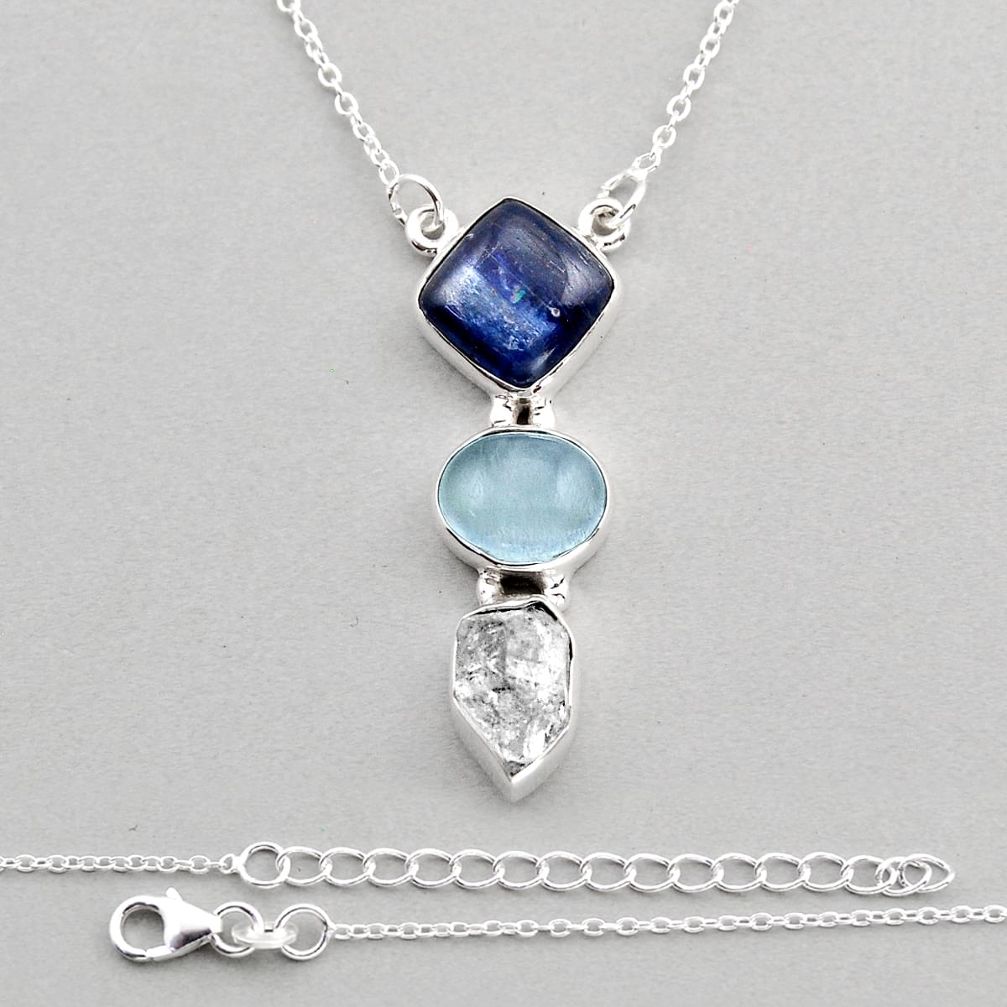 925 silver 12.20cts natural kyanite aquamarine herkimer diamond necklace y84928