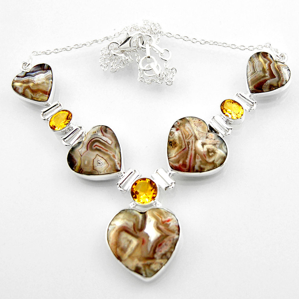 925 silver 69.36cts natural mexican laguna lace agate heart necklace r52312