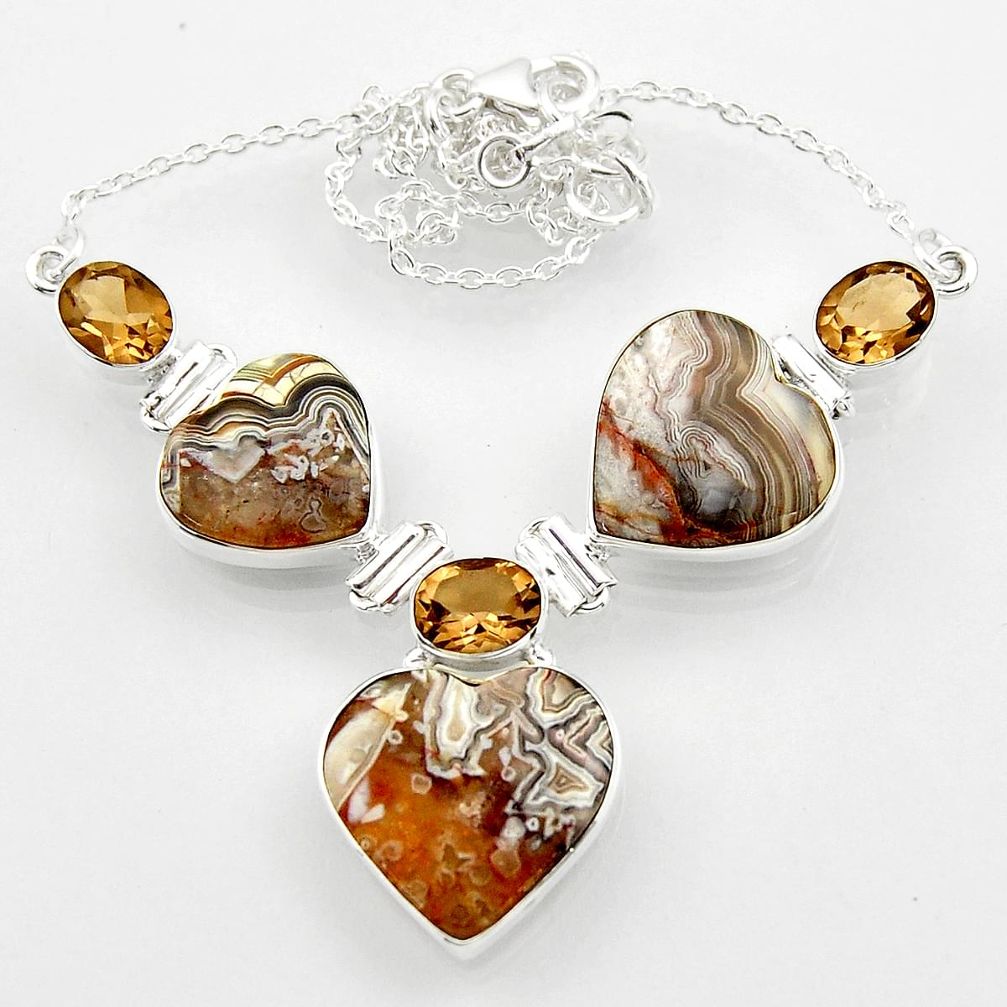 925 silver 43.32cts natural mexican laguna lace agate heart necklace r52329