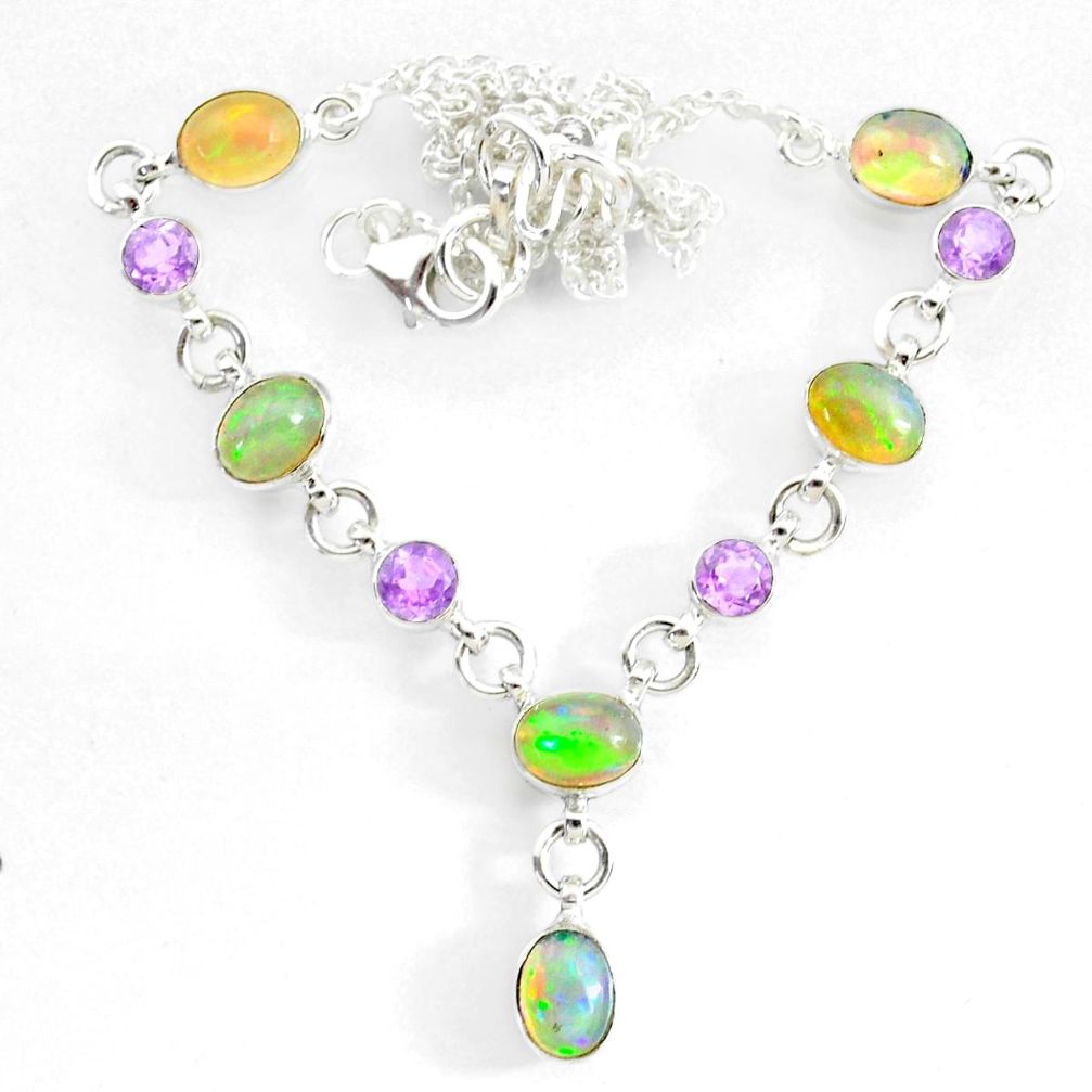 925 silver 15.62cts natural multi color ethiopian opal amethyst necklace r73103