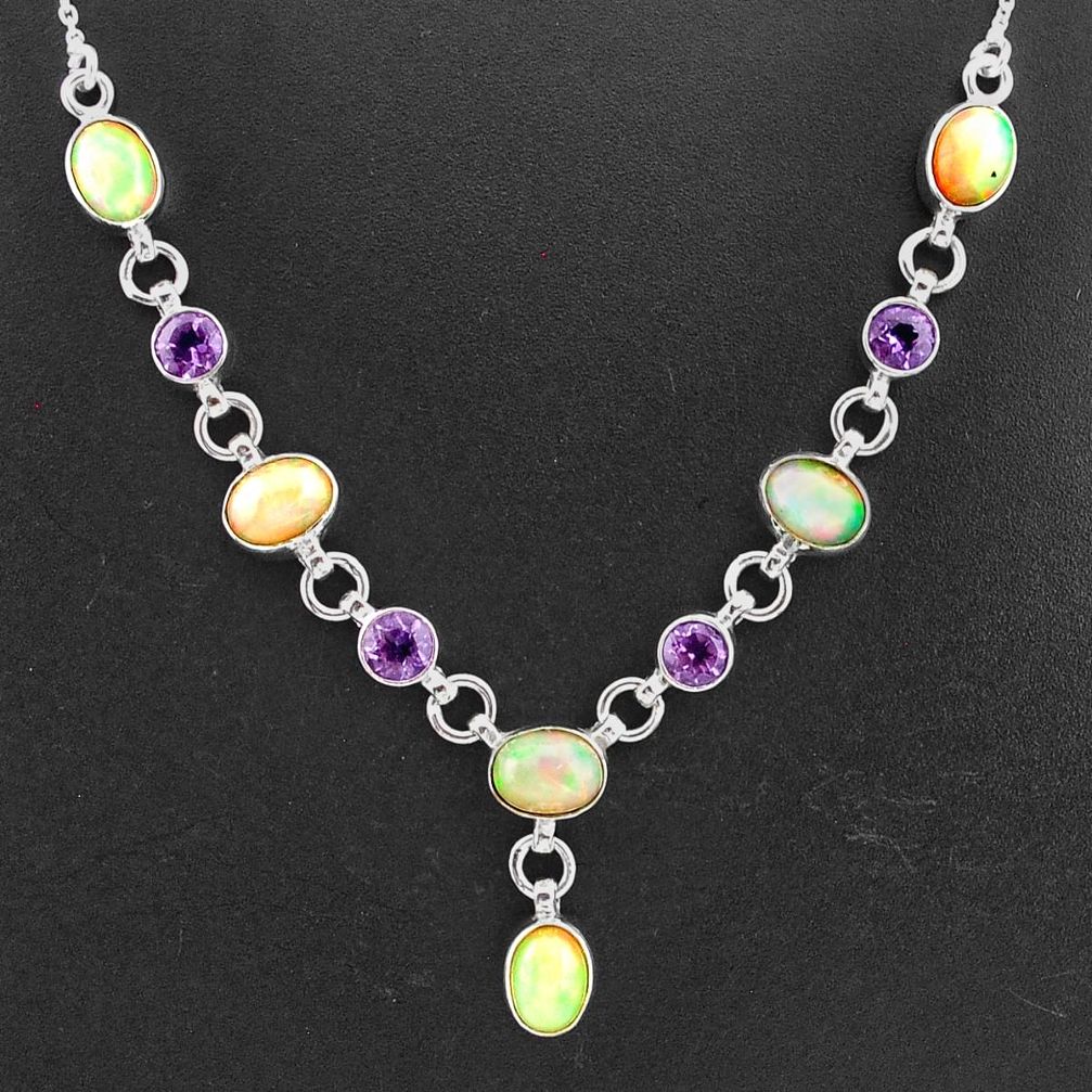 925 silver 16.84cts natural multi color ethiopian opal amethyst necklace t2952