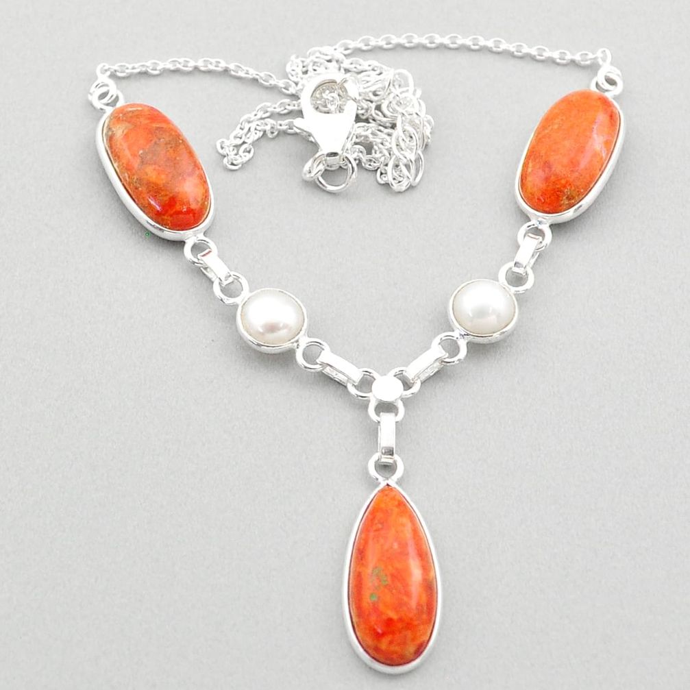 925 silver 19.52cts natural orange mojave turquoise white pearl necklace t70836