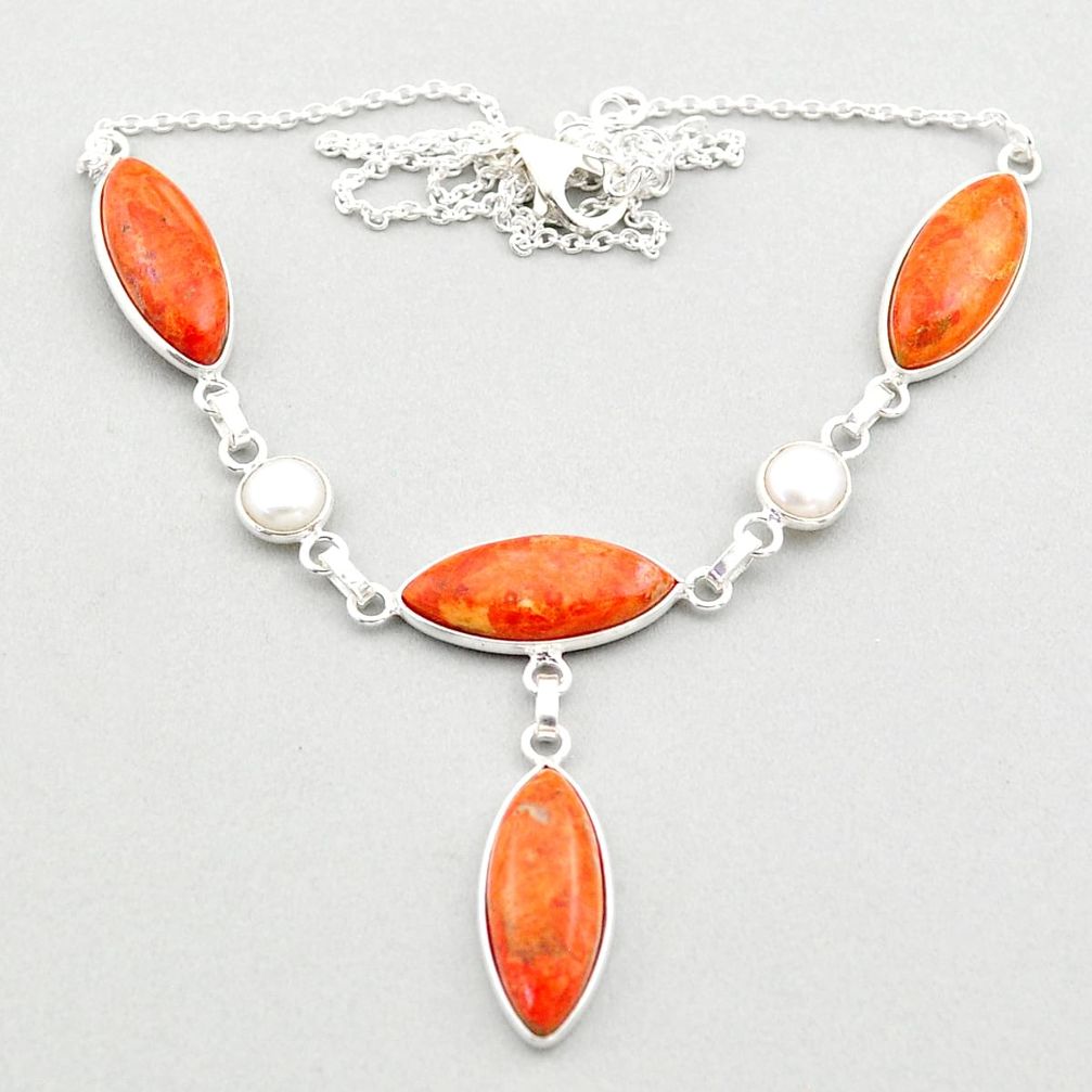 925 silver 25.31cts natural orange mojave turquoise white pearl necklace t70859