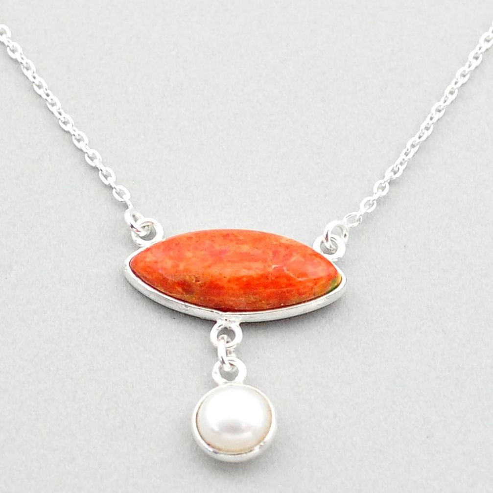 925 silver 9.86cts natural orange mojave turquoise white pearl necklace t71096