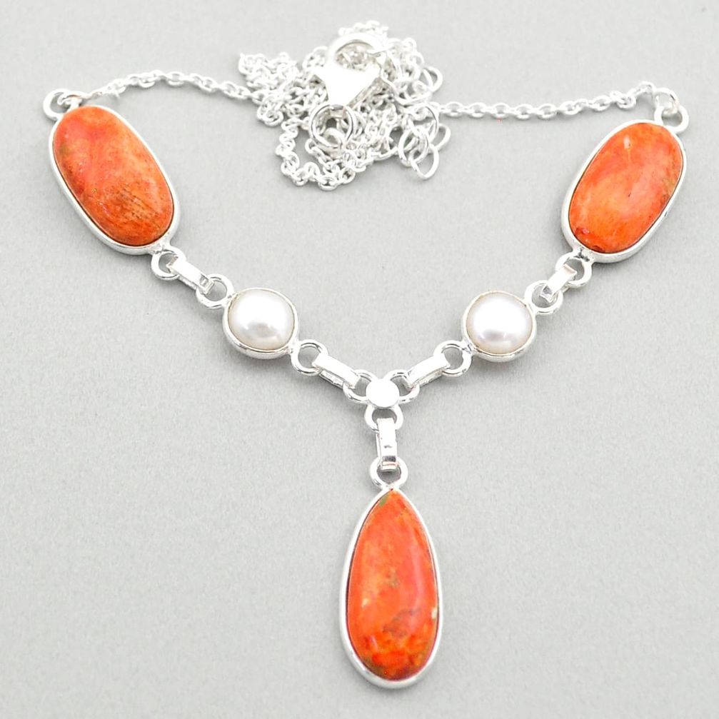925 silver 20.46cts natural orange mojave turquoise white pearl necklace t71099