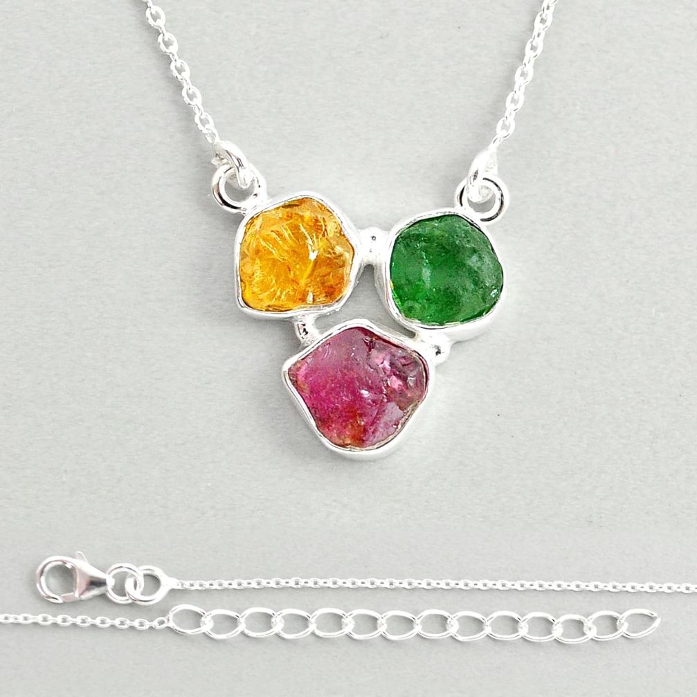 925 silver 11.18cts natural pink green yellow tourmaline rough necklace u26830